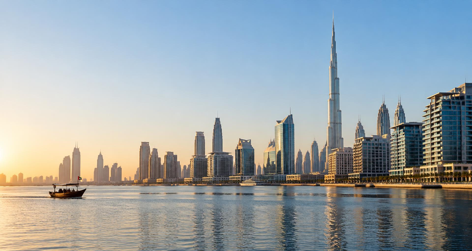 Dubai waterfront and skyline at sunrise
